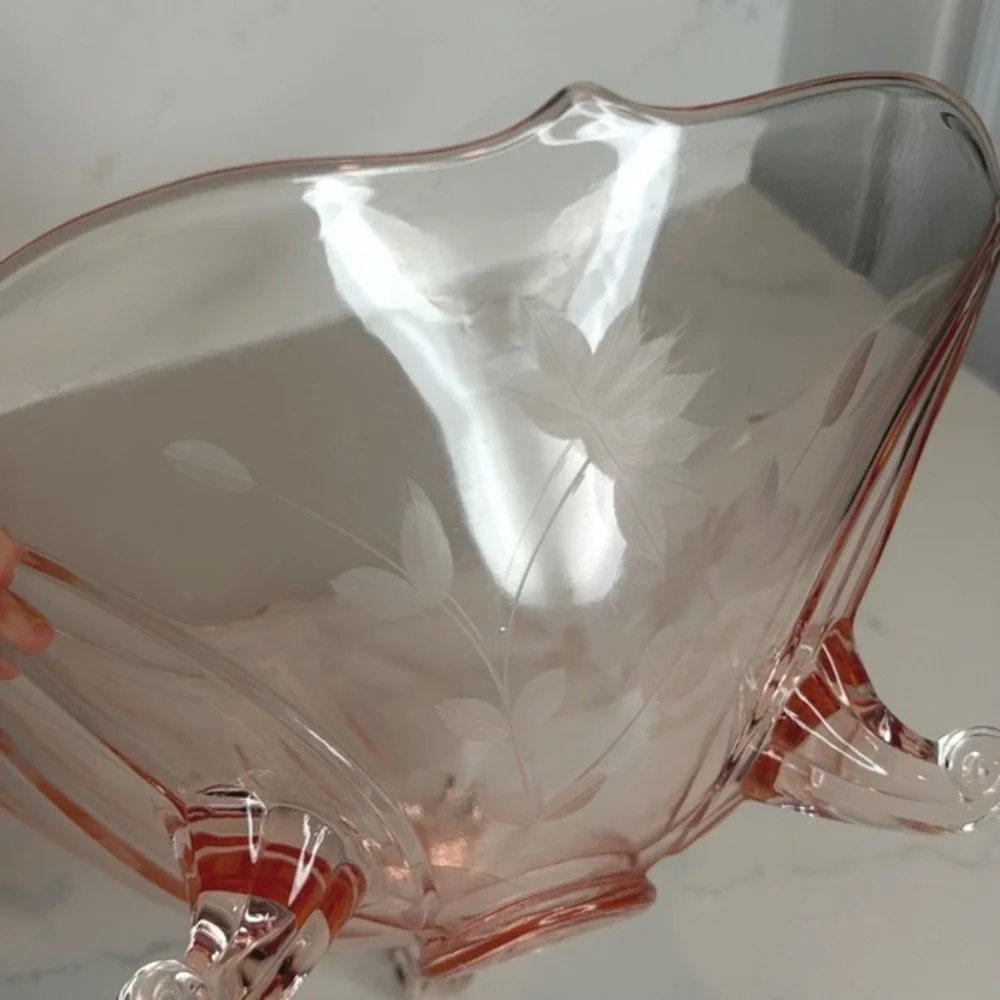 Lancaster Glass Jubilee‎ Pattern Three-Footed Bowl Etched Floral Design